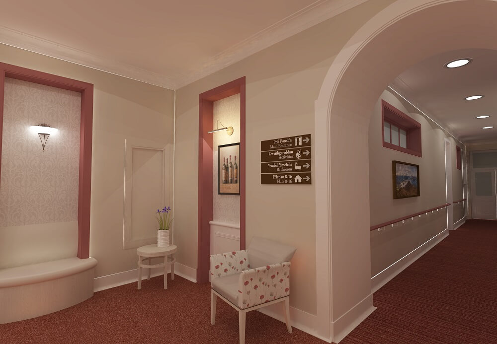 1st floor image of corridor at Neuadd Maldwyn