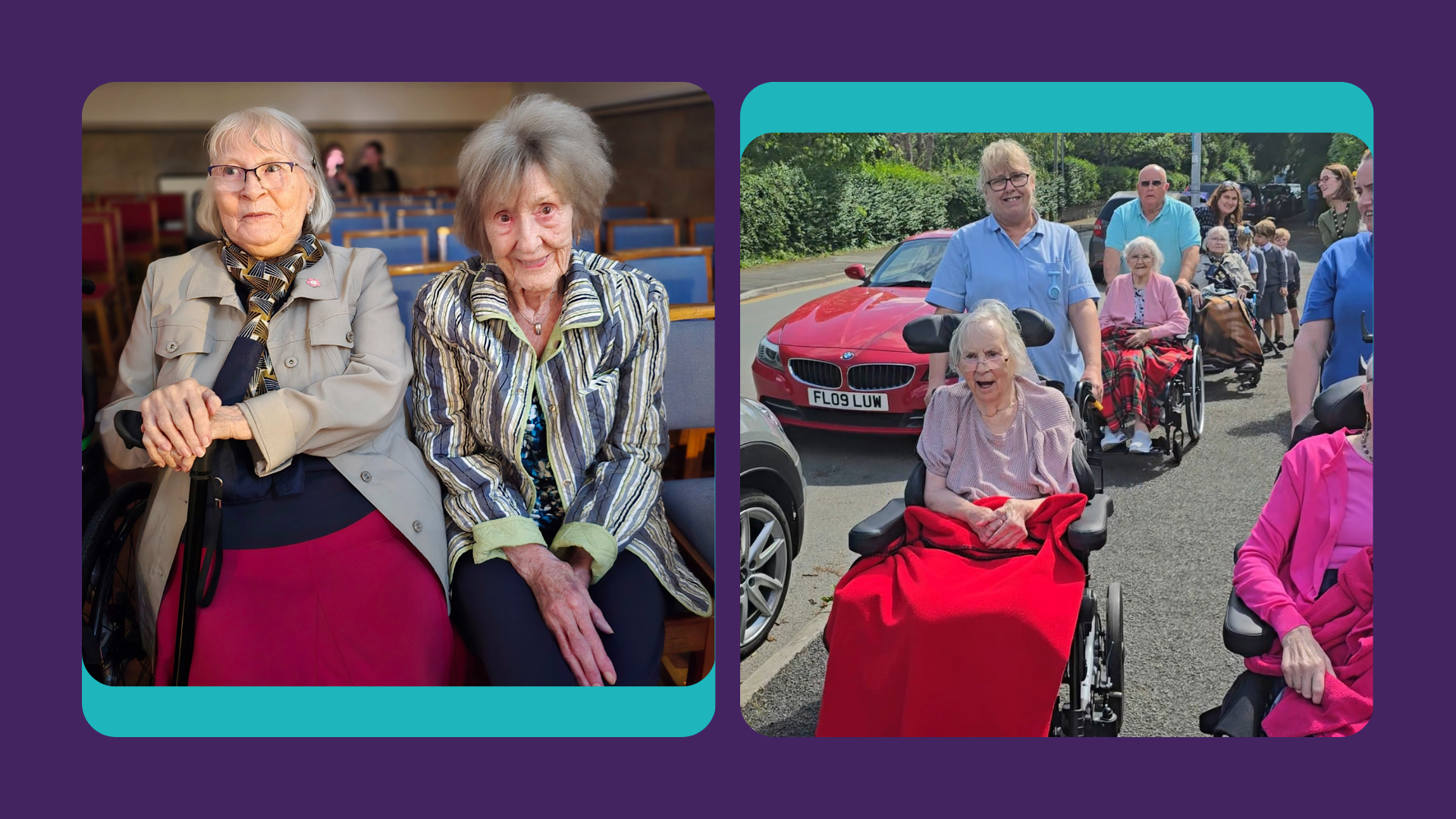 Elderly residents of a care home visit a school to watch an end of term play.