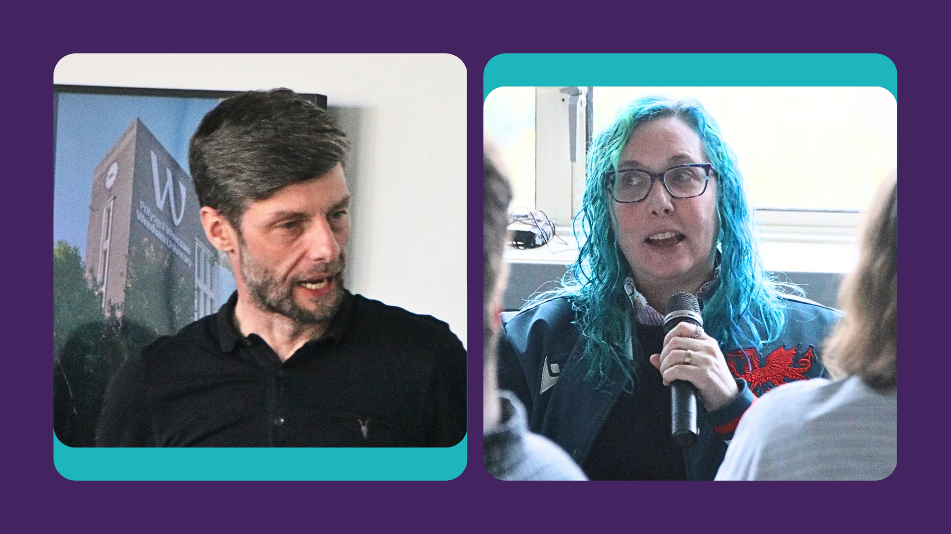 Two people speaking at a conference