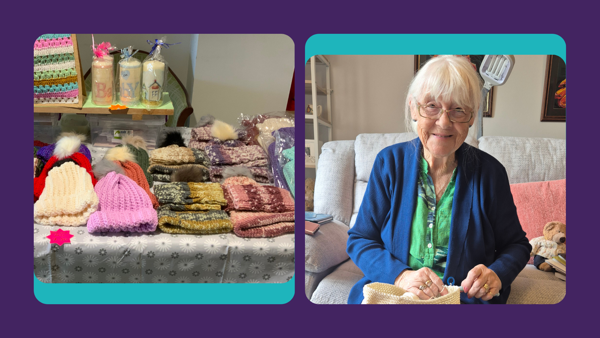 Pictures of a craft stall selling items that have been crocheted. 